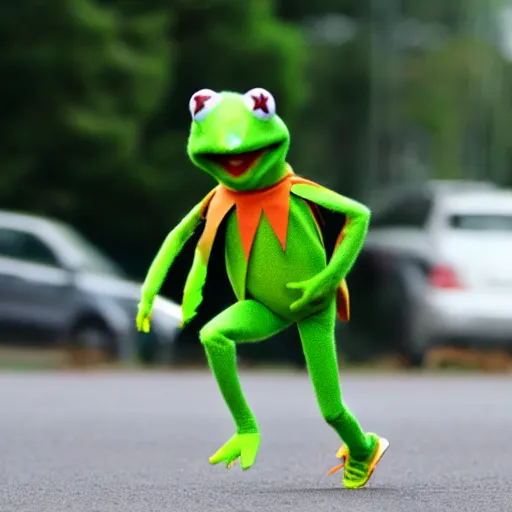 Image similar to Kermit the frog running a marathon photo 4k hd