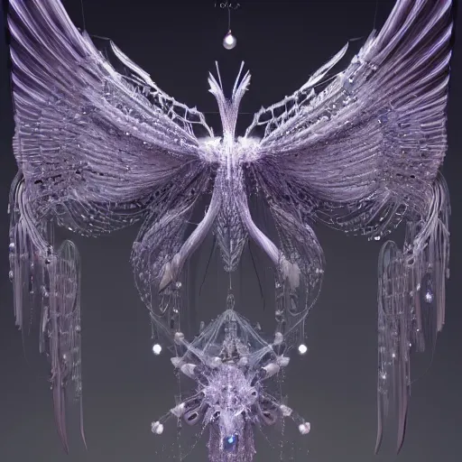 Image similar to Mesmerizing ethereal Y2K crystal chandelier inspired wings full of swirls, couture, hyperdetailed, artstation, cgsociety, 8k