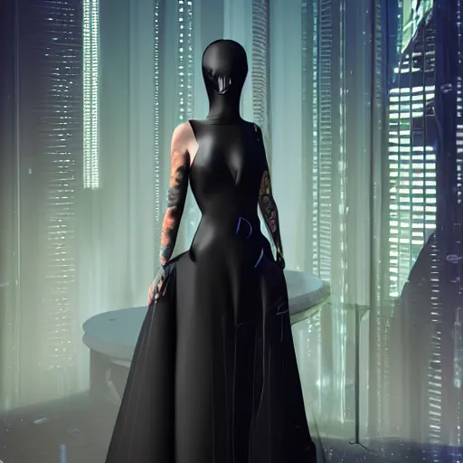 Prompt: a digital painting of a woman in a black dress, cyberpunk art by victor mosquera, cg society contest winner, holography, daz 3 d, behance hd, prerendered graphics