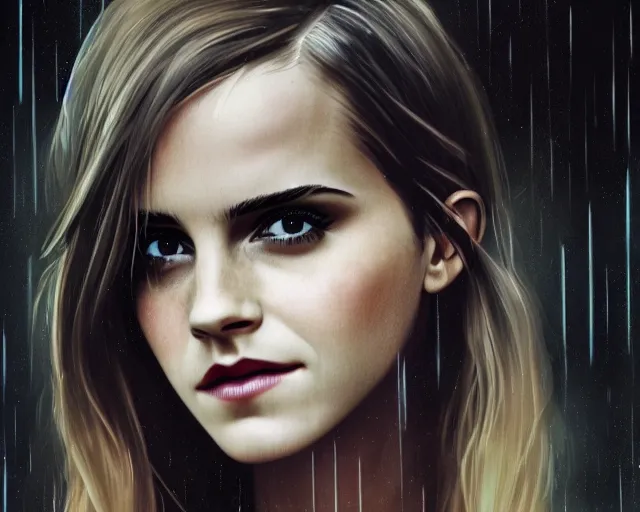 Prompt: closeup headshot of seductive emma watson in the rain, bladerunner, backlit, night club, futurepunk, gta v, pinup, nagel, arney freytag, dark moody, cinematic, greg rutkowski, octane!