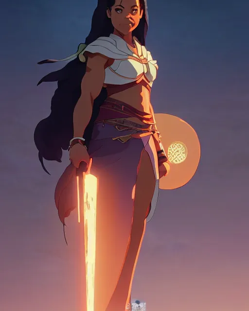 Image similar to azctec warrior, regina hall, detailed perfect face, exquisite details, fire magic, mid view, design on a white background, by studio muti, greg rutkowski makoto shinkai takashi takeuchi studio ghibli