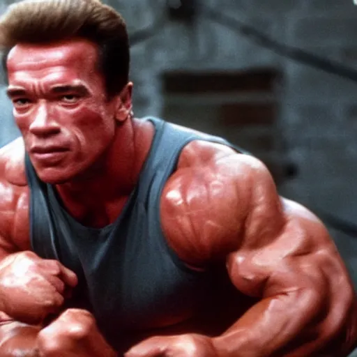 Image similar to arnold schwarzenegger as a thick pork sausage