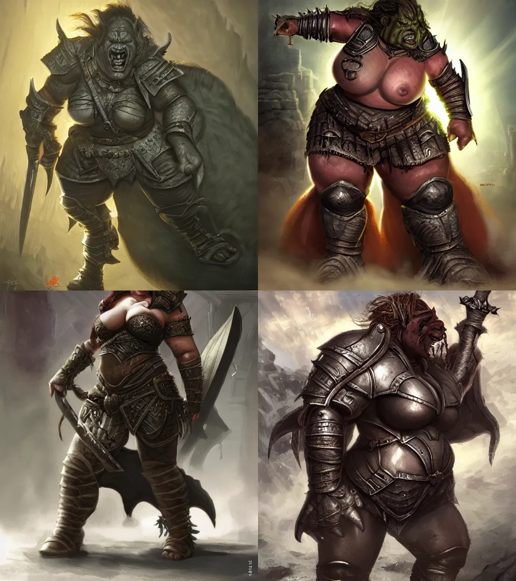 Prompt: a large female orc woman wearing leather armor in a siege | dungeons and dragons | hyperrealistic |volumetric lighting | style of ralph horsley | big fat strong orc woman |