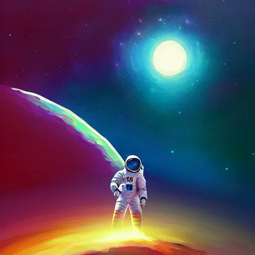 Prompt: an astronaut abserving a beautiful vista on an strange colorful world, digital painting, trending on artstation