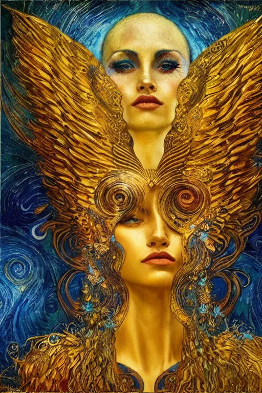 Image similar to Visions of Paradise by Karol Bak, Jean Deville, Gustav Klimt, and Vincent Van Gogh, visionary, otherworldly, fractal structures, infinite angel wings, ornate gilded medieval icon, third eye, spirals, heavenly spiraling clouds with godrays, airy colors, feathery wings