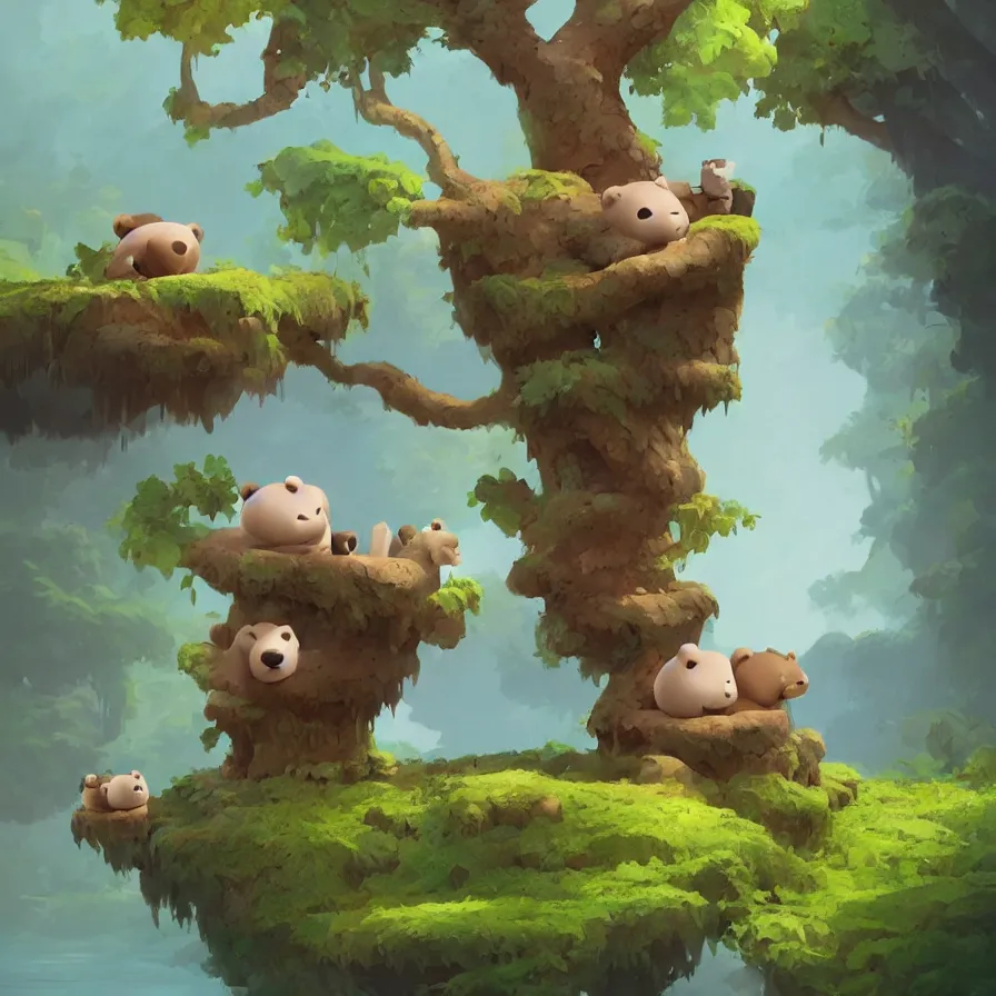 Image similar to A river, a baby bear on top of a trunk, jungle, art by Goro Fujita, ilustration, concept art, sharp focus, ArtStation, Deviantart