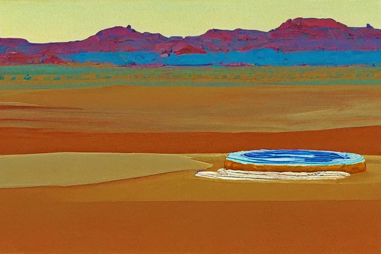 Image similar to a desert landscape by Wayne Thiebaud of desserts, cakes, layer cakes, cupcake, pies, in the desert landscape,