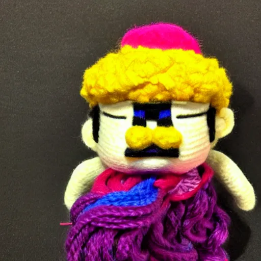 Image similar to a doll of wario made out of yarn