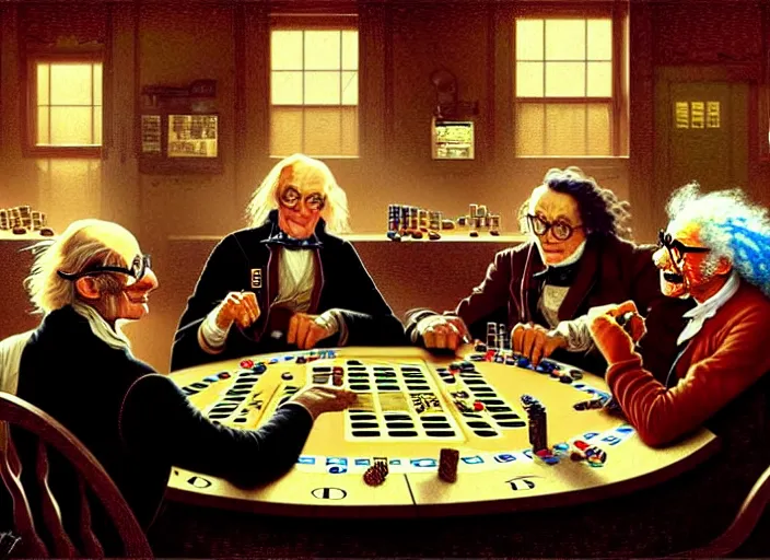 Image similar to isaac newton and stephen hawkins and asimov and albert einstein playing poker in an old west saloon, centered, digital painting, artstation, concept art, smooth, illustration, art by james gurney and norman rockwell and greg rutkowski