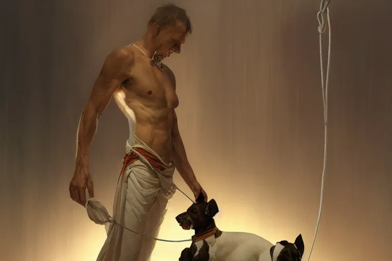 Image similar to a man tied to a pillar and jack russel terrier pissing on him, highly detailed, hyperrealistic digital painting, artstation, concept art, smooth, sharp focus, illustration, cinematic lighting, art by artgerm and greg rutkowski and alphonse mucha