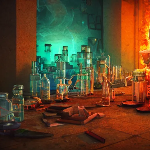 Image similar to these monsters are consumed by fire, yet they remain unharmed. they are surrounded by the tools of the alchemist's trade - beakers and test tubes full of colorful liquids, crystals, and books of ancient knowledge. the scene is suffused with an eerie glow, as if something magical is happening here. cinematic photorealistic