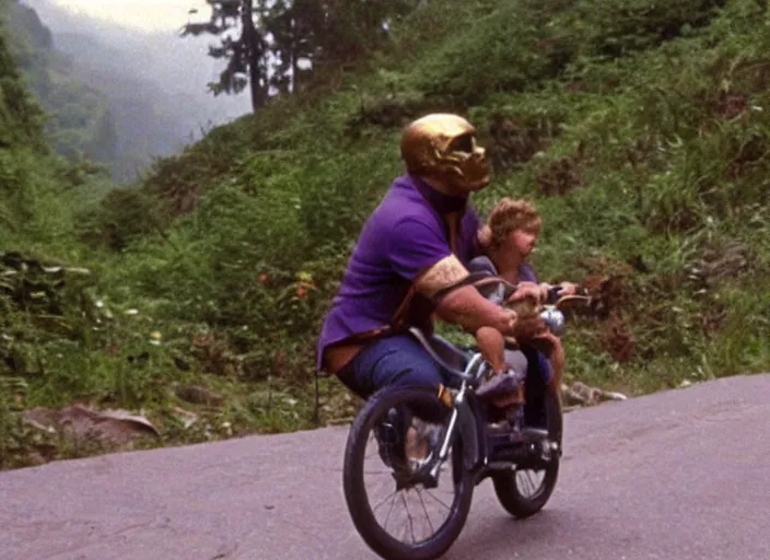 Image similar to film still of thanos riding a small childrens bike down a steep mountain road in the goonies 1 9 8 5