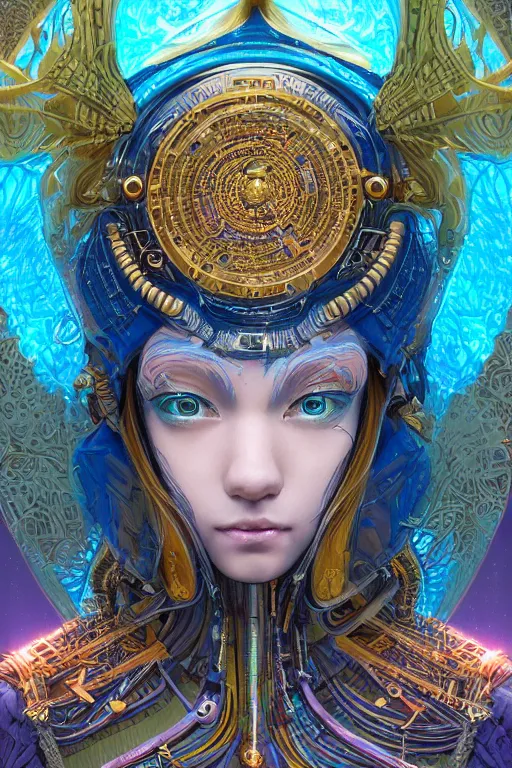 Image similar to Portrait of a psychedelic sci-fi shaman, third person, D&D, sci-fi fantasy, intricate, blue and gold, highly detailed , art by Range Murata, highly detailed, 3d, octane render, bright colors, digital painting, trending on artstation, sharp focus, illustration style of Stanley Artgerm,