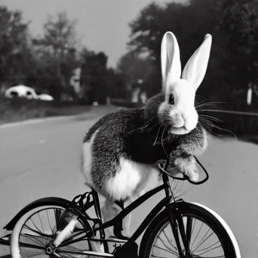 Prompt: a grainy, vintage black and white photograph of a rabbit riding a bicycle