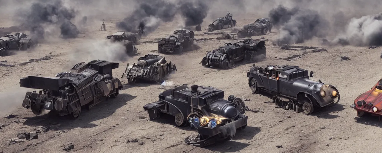 Prompt: Thomas the Tank Engine, the Batmobile and the Delorean in MAD MAX: FURY ROAD