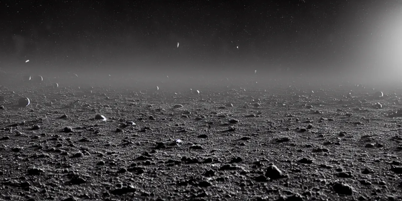 Prompt: closeup black and white photo from the surface of the moon, cinematic film still, glowing landing lights on spaceship landing on, stars and space in the background, fog and dust