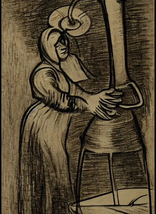 Image similar to abstract stylized charcoal drawing of a woman working on a tall vase at a pottery wheel, da vinci, van gogh, miro, vermeer