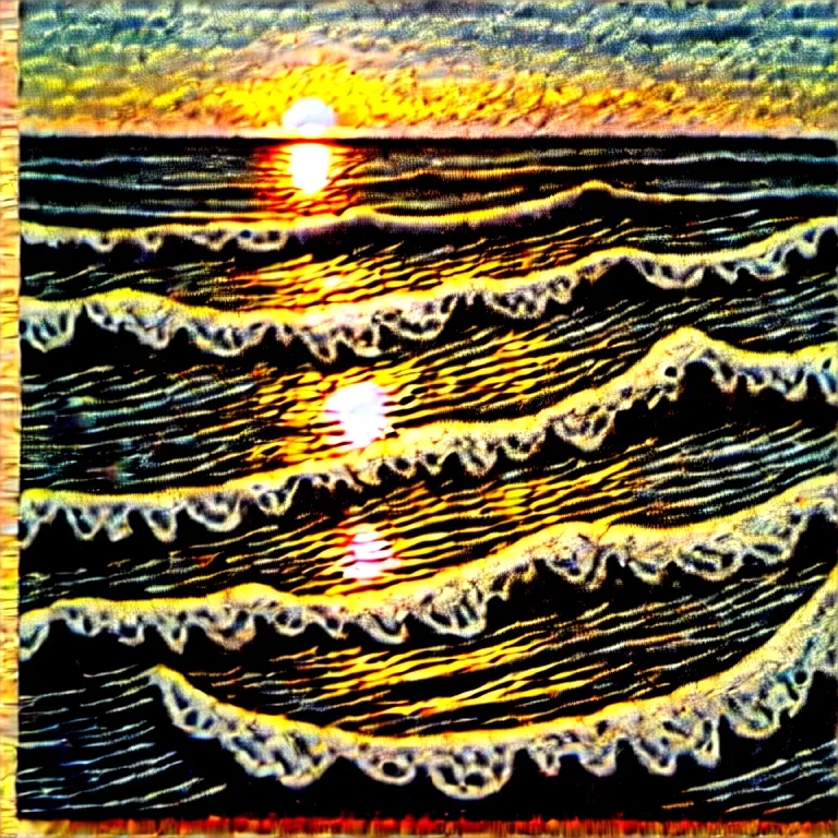 Image similar to corn floating in ocean, waves, sunrise, vintage country style, monochromatic, engraving, detailed