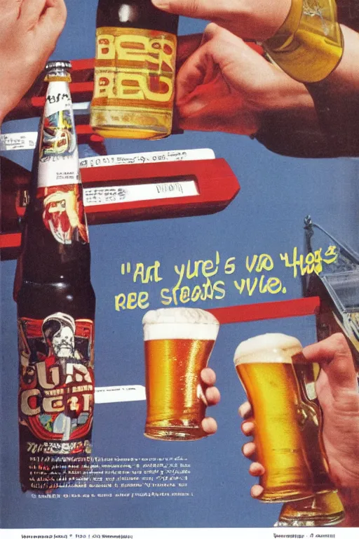 Prompt: beer advert, from the 8 0 s, print in a magazine