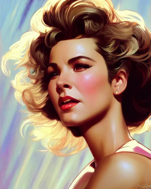 Image similar to Portrait of Sandy from Grease going up to heaven, real life skin, intricate, elegant, highly detailed, artstation, concept art, smooth, sharp focus, art by artgerm and greg rutkowski and alphonse mucha