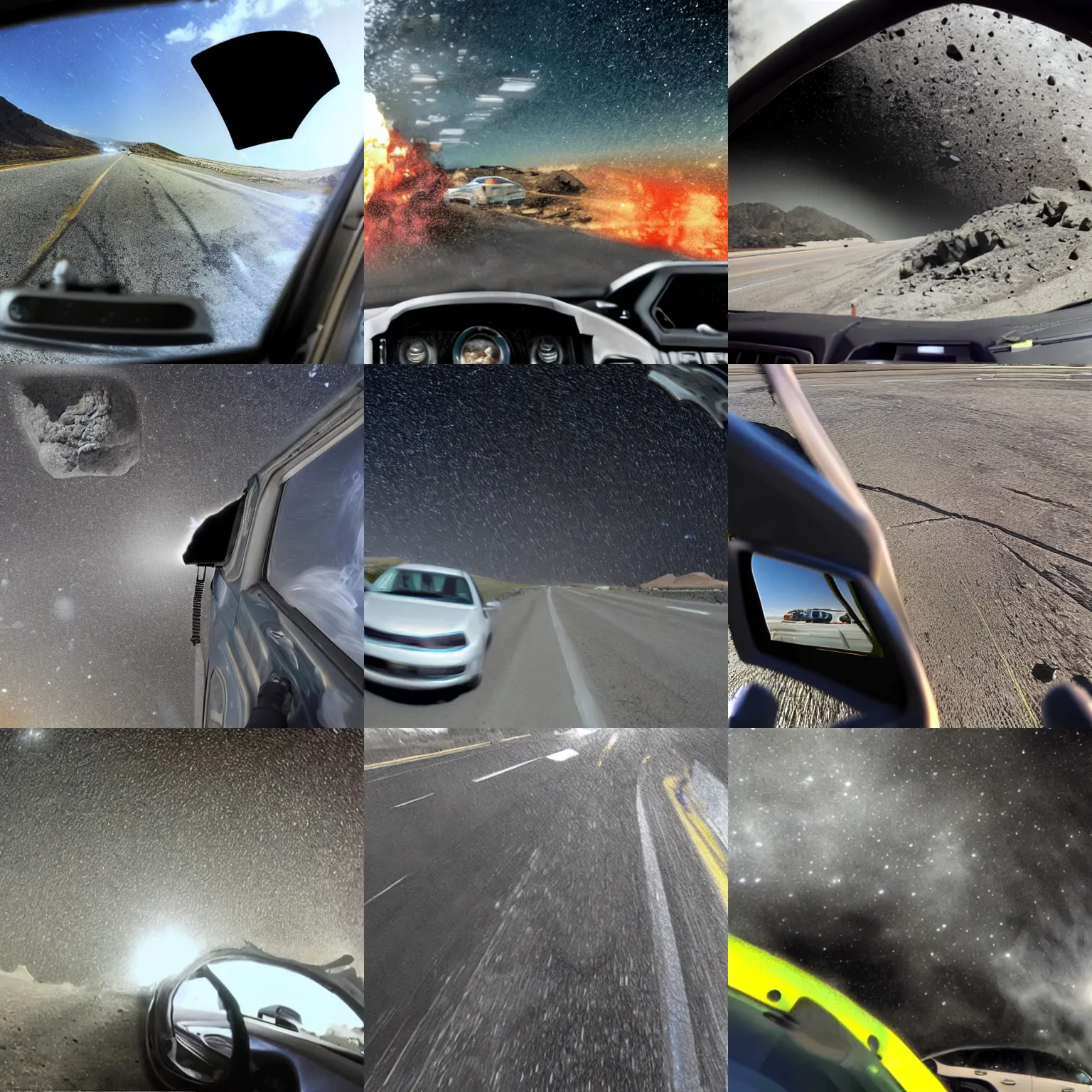 Prompt: Asteroid crashing, dash cam, photograph