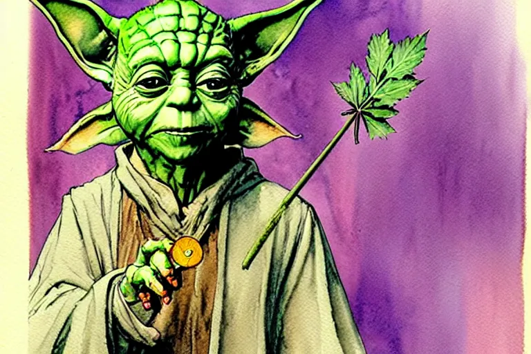 Prompt: a realistic and atmospheric watercolour fantasy character concept art portrait of yoda with pink eyes smiling and holding a blunt with a pot leaf nearby, by rebecca guay, michael kaluta, charles vess and jean moebius giraud