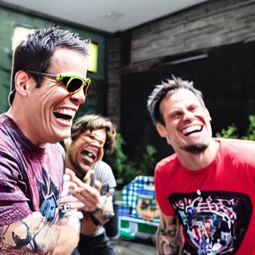 Prompt: Photo of Steve-o and Johnny Knoxville laughing at Bam Margera falling off his skateboard