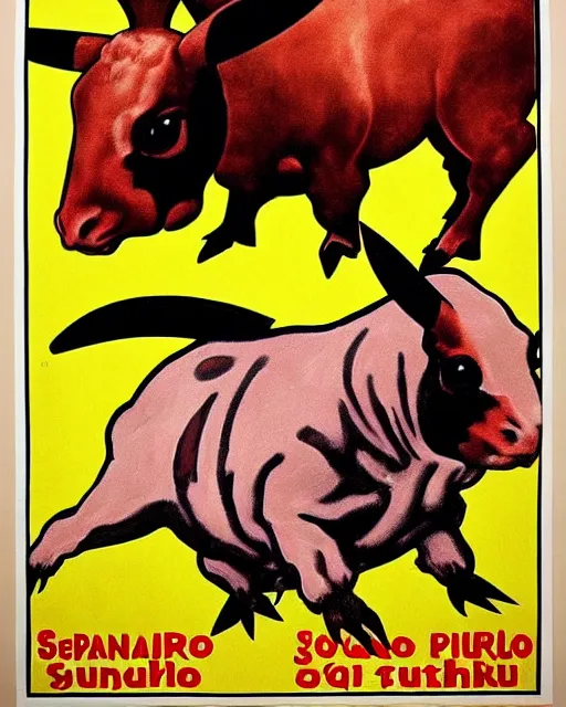 Prompt: spanish bullfighting posters of a picachu