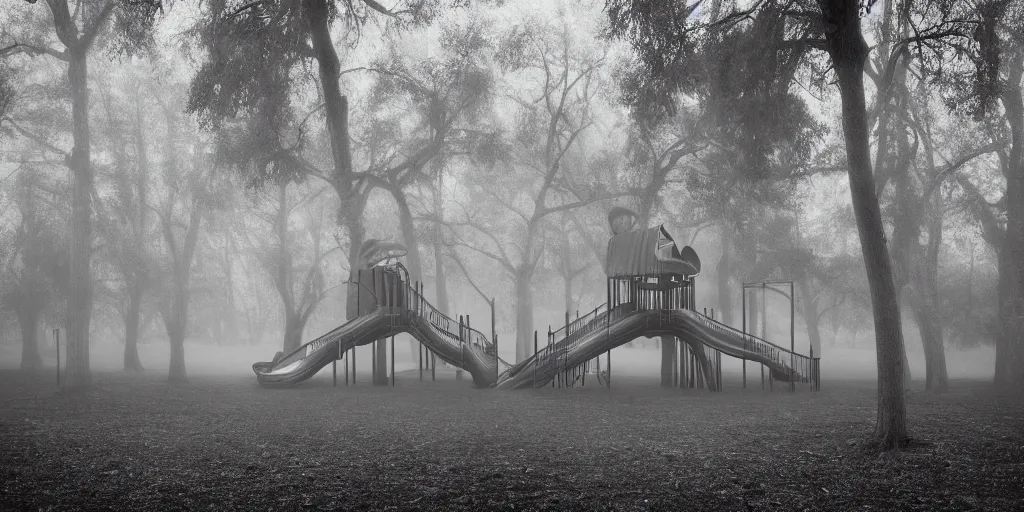 Image similar to foggy spooky play ground with swings and slides at night, dark, haunted by ghosts of children, black and white photography, ISO 1600, low shutterspeed, kyle thompson photography