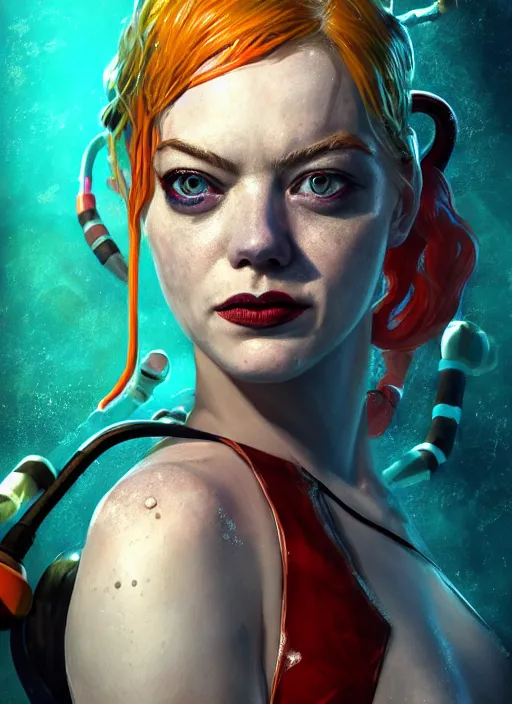 Prompt: underwater biopunk portrait of emma stone as harley quinn, au naturel, hyper detailed, digital art, trending in artstation, cinematic lighting, studio quality, smooth render, unreal engine 5 rendered, octane rendered, art style by klimt and nixeu and ian sprigger and wlop and krenz cushart.