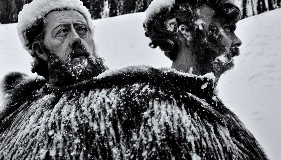 Image similar to 1 9 6 0 s movie still close up of marcus aurelius wearing chestplate and dape frozen to death under the snow by the side of a river with gravel, pine forests, cinestill 8 0 0 t 3 5 mm b & w, high quality, heavy grain, high detail, texture, dramatic light, anamorphic, hyperrealistic, detailed hair, foggy