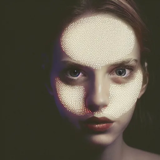 Prompt: photo of beautiful young woman, medium close up, with a cyberpunk camera lens placed over right eye, and robotic implants over face with small led lights, white background, fine art photography in the style of Bill Henson