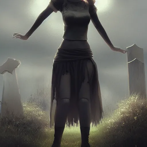Image similar to teen girl kerli koiv mini skirt crop top standing in cemetery, gothic, darkwave, darksynth, concept art, sharp, digital matte painting, art by greg rutkowski, wlop, dramatic lighting, trending on artstation