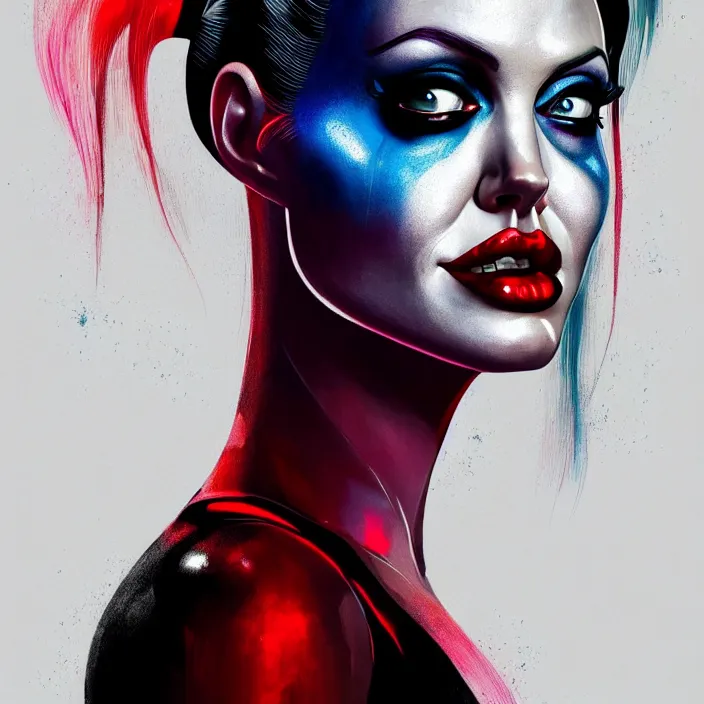 Image similar to portrait of Angelina Jolie as a harley quinn. intricate abstract. intricate artwork. by Tooth Wu, wlop, beeple, dan mumford. octane render, trending on artstation, greg rutkowski very coherent symmetrical artwork. cinematic, hyper realism, high detail, octane render, 8k, iridescent accents