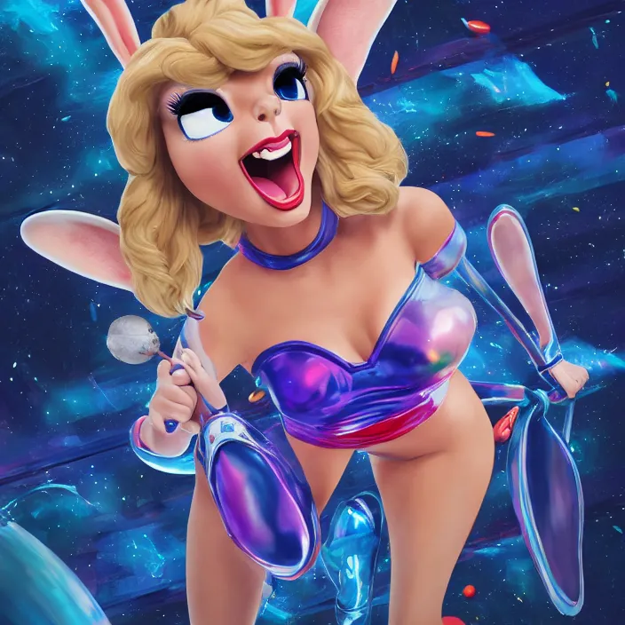 Image similar to portrait of Taylor Swift as Lola Bunny in Space Jam 1996. bunny ears. intricate abstract. intricate artwork. HD. by Tooth Wu, wlop, beeple, dan mumford. octane render, trending on artstation, greg rutkowski very coherent symmetrical artwork. cinematic, hyper realism, high detail, octane render, 8k, iridescent accents