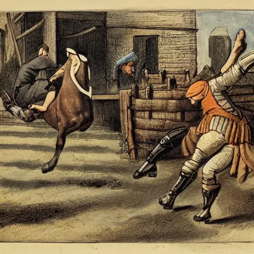 Prompt: a peasant jump - kicking a soldier off of a horse