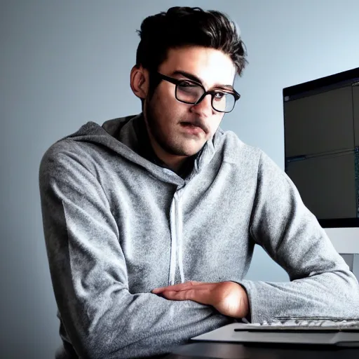 Prompt: a programmer sitting in front of a grey computer screen, with grey walls, grey clothes, and a grey light.