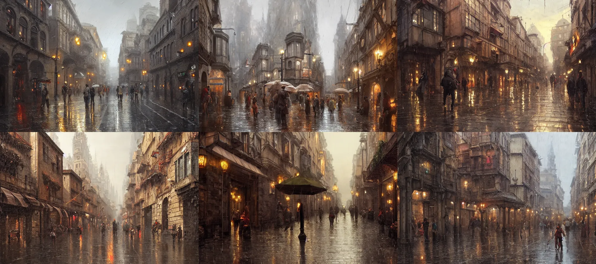 Prompt: a renaissance city street, raily season, very wet, architecture, a realistic digital painting by greg rutkowski and james gurney, trending on artstation, very highly detailed, 8 k