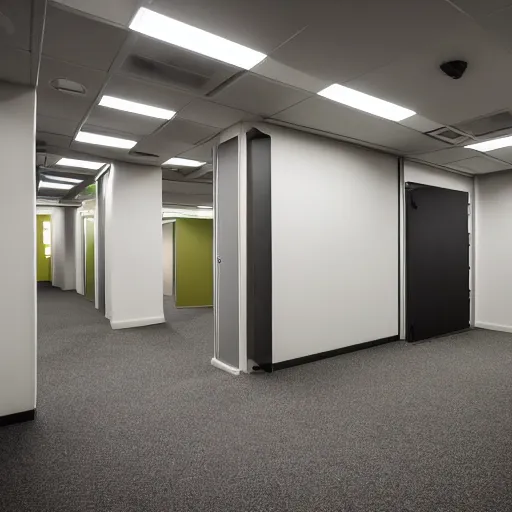 Image similar to the backrooms : an endless maze of randomly generated office rooms and other environments. it is characterized by the smell of moist carpet, walls with a monochromatic tone of dirty off - white, 1 9 8 0's style carpeted walls and buzzing fluorescent lights