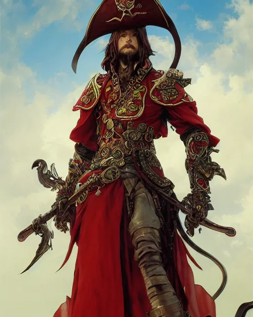 Prompt: A Full View of a Red Mage wearing magical ornate armor and a pirate hat surrounded by an epic cloudscape. Magus. Red Wizard. masterpiece 4k digital illustration by Ruan Jia and Mandy Jurgens and Artgerm and greg rutkowski and Alexander Tsaruk and WLOP and Range Murata, award winning, Artstation, art nouveau aesthetic, Alphonse Mucha background, intricate details, realistic, panoramic view, Hyperdetailed, 8k resolution, intricate art nouveau