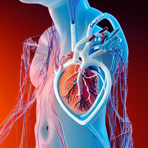 Image similar to a human heart, revealing wires and electronics, arteries, veins, sci - fi, missing panels, intricate abstract upper body intricate artwork, concept art, octane render, deviantart, cinematic, key art, hyperrealism, iridescent accents, portrait photograph, nikon 3 5 mm, photograph by greg rutkowski