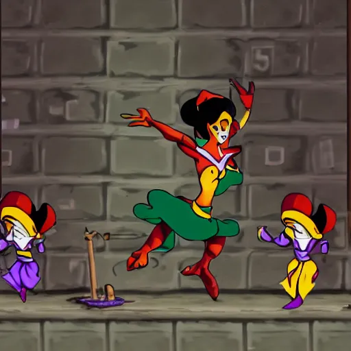 Image similar to shantae dancing in prison camp, wwii, full color