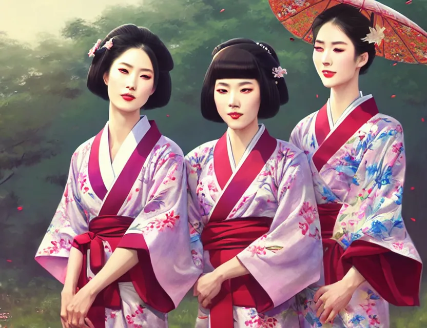 Image similar to two beautiful fashion taiwan girls wear elegant yukata in festival | | big eyes, sunny, realistic shaded, smile, good looking, fine details, 4 k realistic, cryengine, realistic shaded lighting poster by greg rutkowski, magali villeneuve, artgerm, jeremy lipkin and michael garmash and rob rey