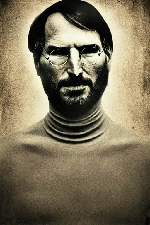 Image similar to steve jobs, outlaw, portrait, full body, symmetrical features, silver iodide, 1 8 8 0 photograph, sepia tone, aged paper, sergio leone, master prime lenses, cinematic