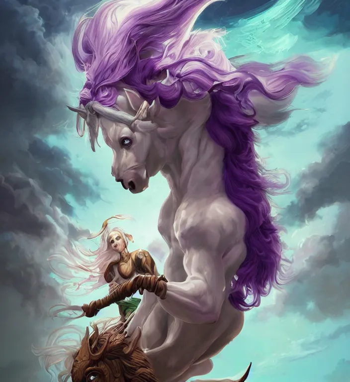 Prompt: a majestic female centaur with white wings and with a horn on the forehead and purple hair and elf ears, backlit, strong rim light, highly detailed, digital painting, by Alvaro Castagnet + Peter Mohrbacher + Dan Mumford + vivid colors + high contrast, 8k resolution, intricate, photorealistic, smooth
