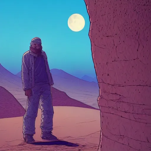 Prompt: a lonely man in desert finding a beautiful crystal, a big moon in background, Industrial Scifi, detailed illustration, character portrait, by Martin Grip and Moebius