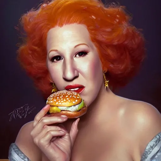 Image similar to portrait of bette midler eating hamburgers, extra onions and ketchup, luscious patty with sesame seeds, feminine ethereal, handsome, d & d, fantasy, intricate, elegant, highly detailed, digital painting, artstation, concept art, matte, sharp focus, illustration, art by artgerm and greg rutkowski and alphonse mucha