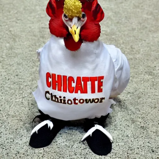 Image similar to chicken wearing inmate clothes