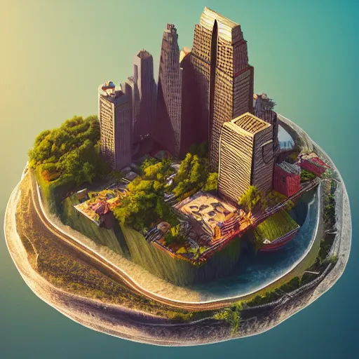 Prompt: manhattan on a floating island in the sky, waterfalls falling down, low poly art, isometric art, 3d render, ray tracing, high detail, artstation, concept art, behance, smooth, sharp focus, ethereal lighting