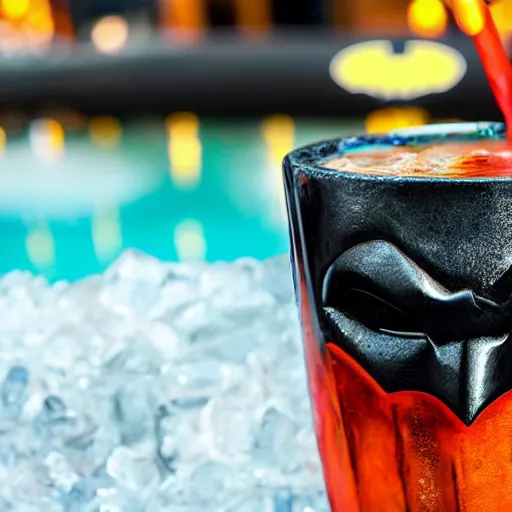 Prompt: a closeup photorealistic photograph of a glossy batman style tiki mug sitting at an outdoor trader vic's bar featuring batman face. tiki theme. icy colorful drink. bright scene. fine detail. this 4 k hd image is trending on artstation, featured on behance, well - rendered, extra crisp, features intricate detail, epic composition and the style of unreal engine.